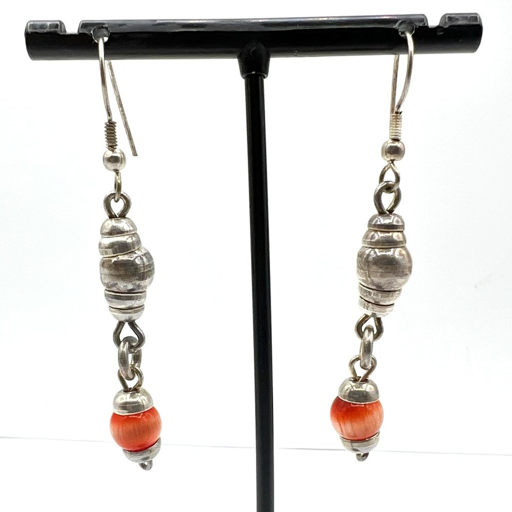 Silver and Coral Bead Dangle Earrings